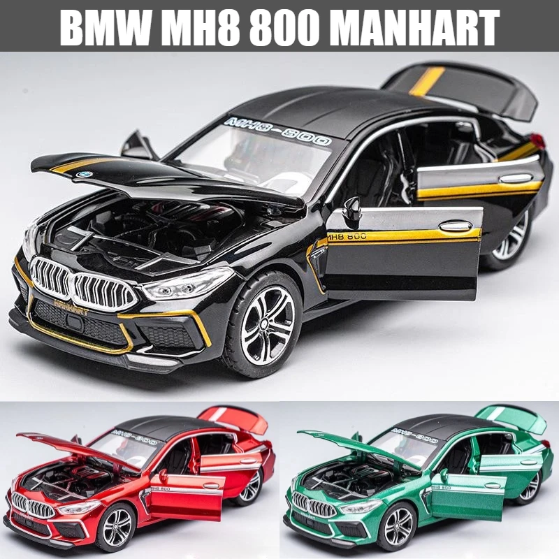 1/32 BMW MH8 800 Manhart Diecast Car Toy For Children Miniature Model Pull Back Sound & Light Collection Gift for Boys Kid Gift