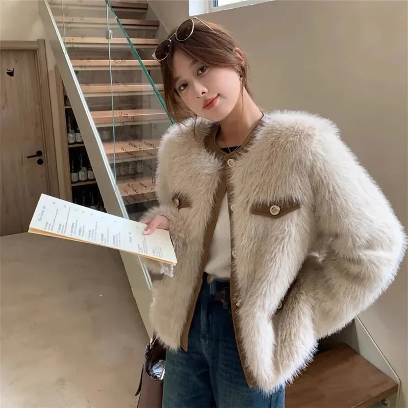 Fox-like Fur Coat Women 2024 New Autumn Winter Warm Friendly Thick Furry Jacket Fashion O-neck Splicing Outerwear Female