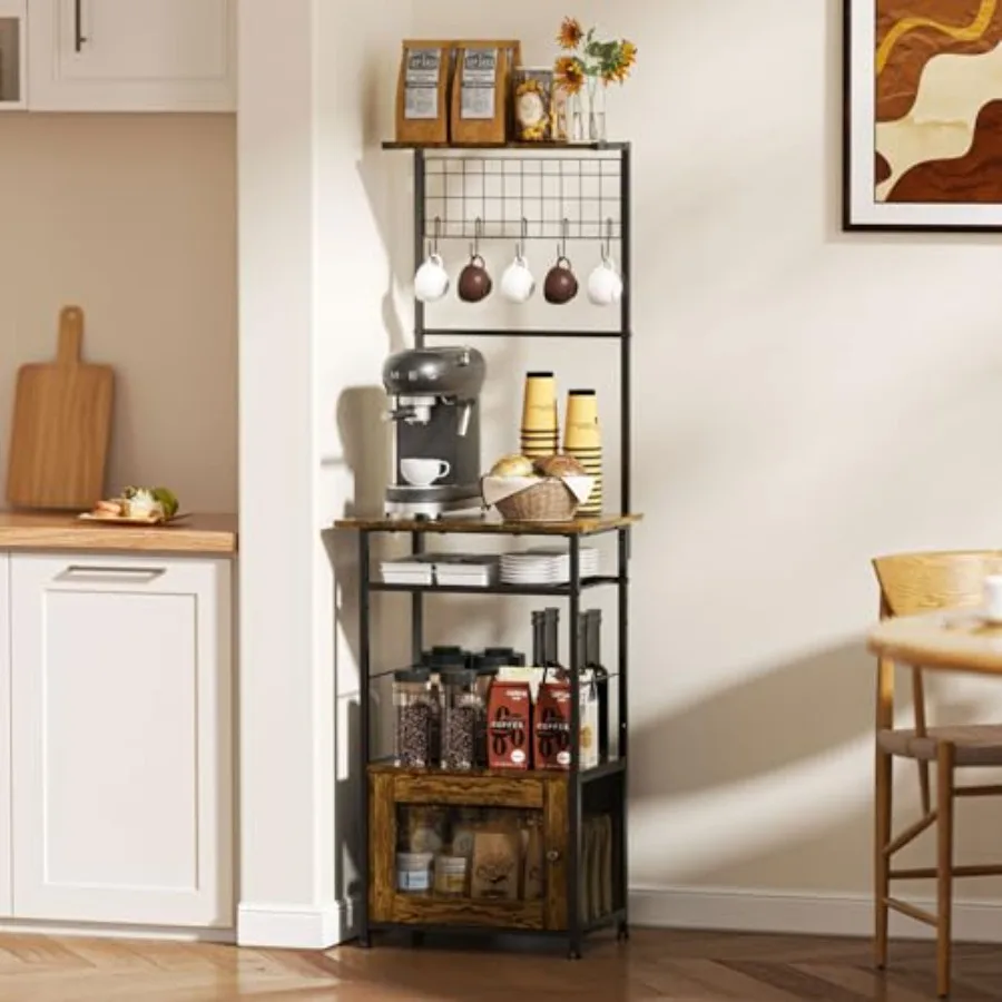 خزانة بار القهوة من 5 طبقات مع باب مرئي، بار قهوة صغير مع 5 خطافات، حامل ميكروويف طويل القامة لزاوية المساحة الصغيرة #6