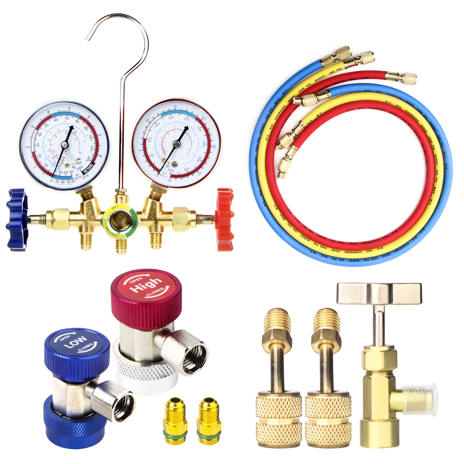 Freon For R12 R22 R404A R134a Air Conditioning Pressure Gauge with Hose and Hook 3 Way AC Diagnostic Manifold Gauge Set