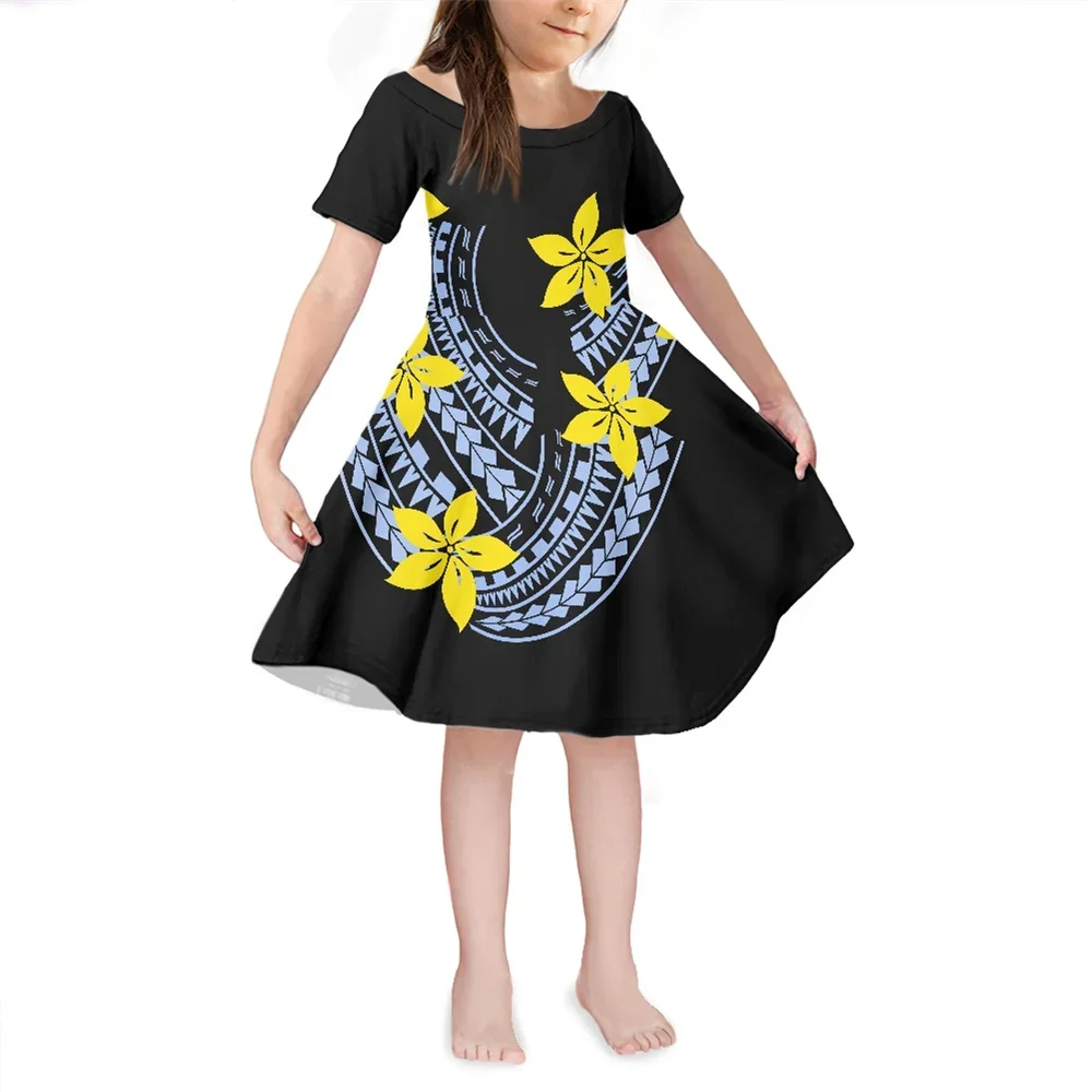 Factory Outlet Summer Girl Dresses 2023 Custom Polynesian Tribal Clothes Hibiscus Samoa Fijian Print Kid Party Knee-length Dress