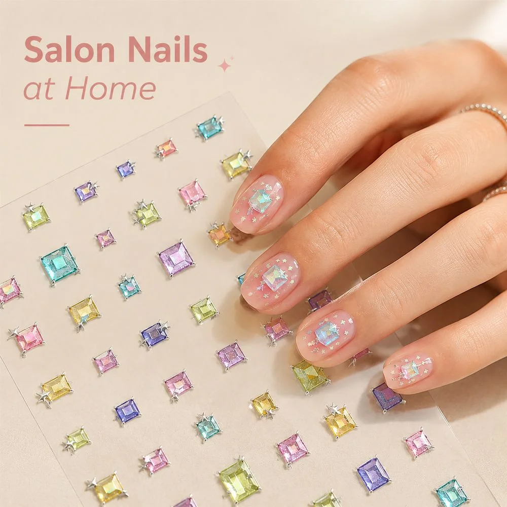 1Pc 3D Hologram Star Nail Decals Square Sugar Cube Imitation Diamond Self‑Adhesive Stickers For Women Manicure Ornament