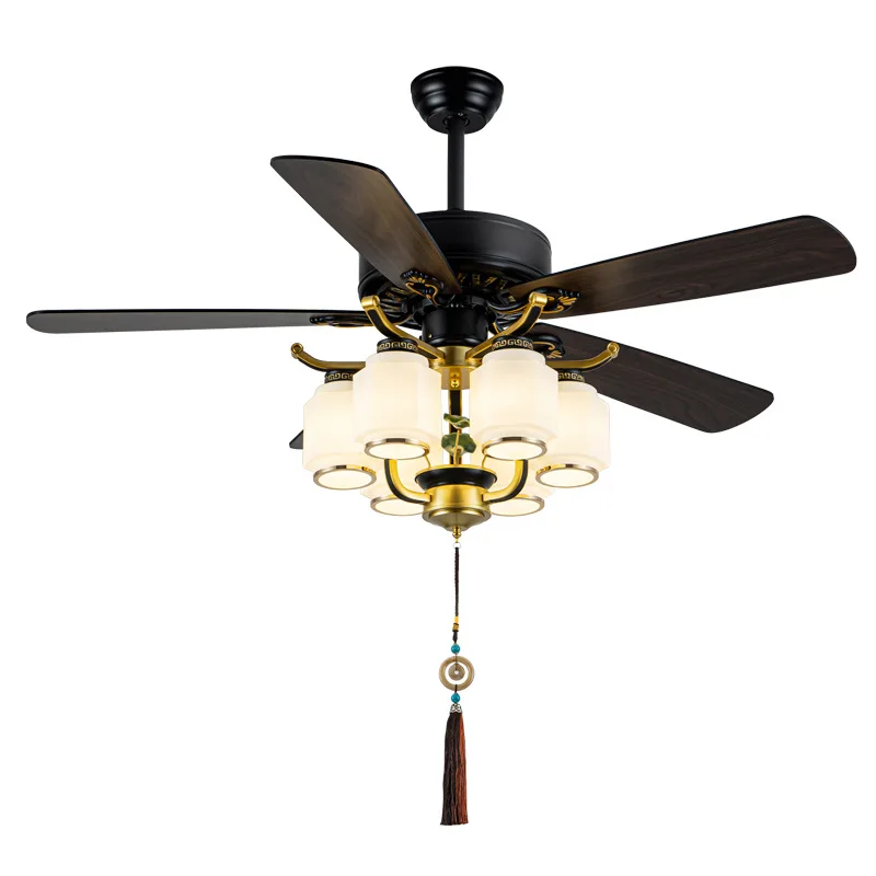 

New Chinese silent fan light, Chinese style living room tea house, wood leaf led ceiling fan with light