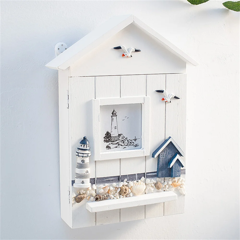 Sea Style Seabird Sea Tower White House Key Box Cabinet Living Room Wall Hanging Storage Box Home Decor Case Wood Craft Gifts