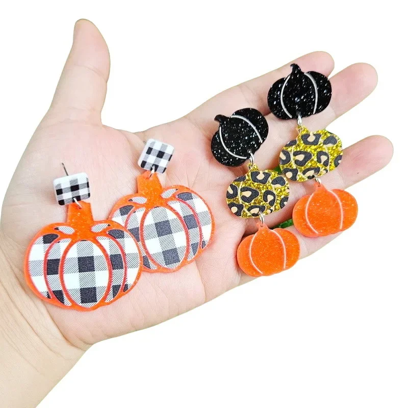 Acrylic Pumpkin Drop Ear Studs for Women Epoxy Black White Checkered Leopard Print Pendant Autumn Earring Halloween Gifts 1 Pair