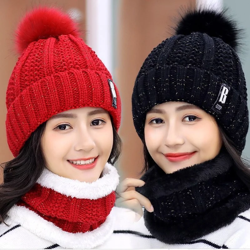 

Winter Knitted Scarf Hat Set Thick Warm Skullies Beanies Hats For Women Outdoor Cycling Riding Ski Bonnet Caps Scarf