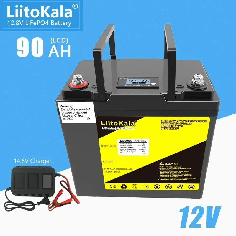 2 PCS LiitoKala 12.8V 90Ah LiFePO4 Battery Pack for 24V 90Ah/12V180Ah Waterproof Solar Camper Yacht Inverter Engine Motorcycle