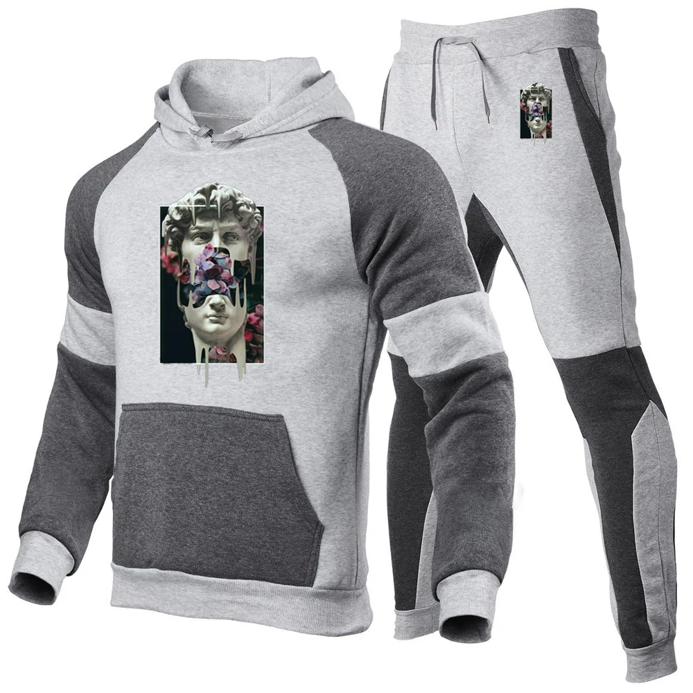 Sculpture And Flower Spring Autumn Men Tracksuits Sets Long Sleeve Hoodie+Jogging Trousers 2 Piece Fitness Running Suits