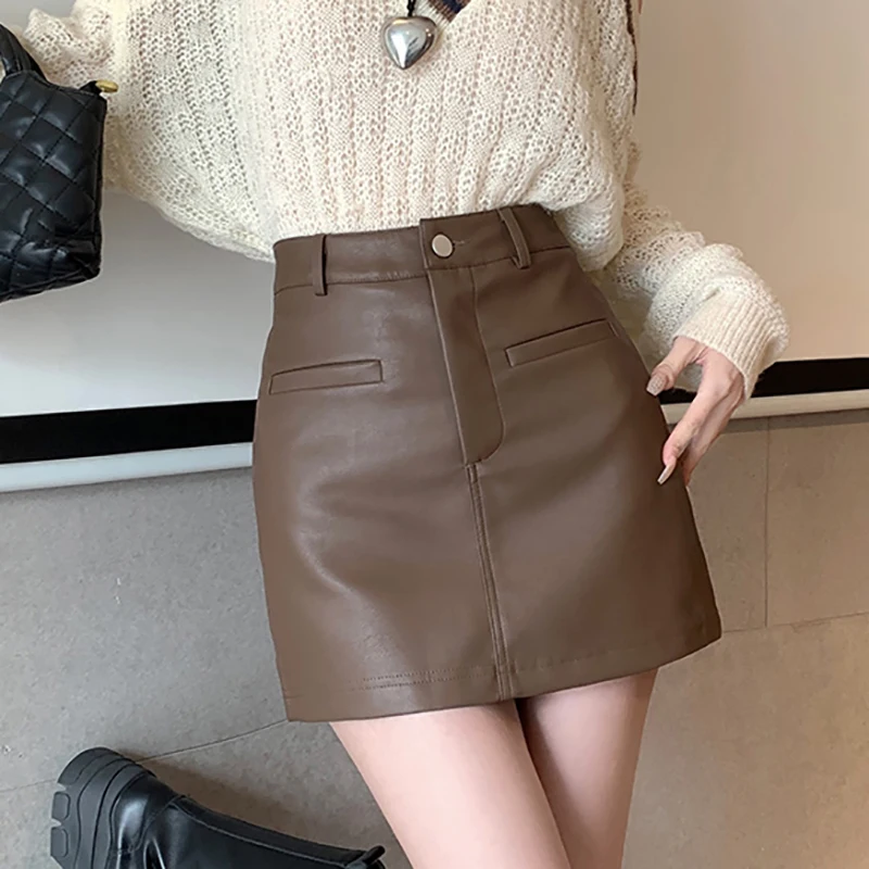 Abrini Women Zipper PU Skirts Office A-line Skirts Casual Solid Button Pockets High Waist Mini Skirts Party Spring Summer