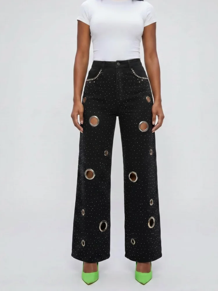 2026 Punk Y2K Style Hollow Out Metal Decoration Black Baggy Jeans Pants For Women Clothing Straight Loose Gothic Long Trousers
