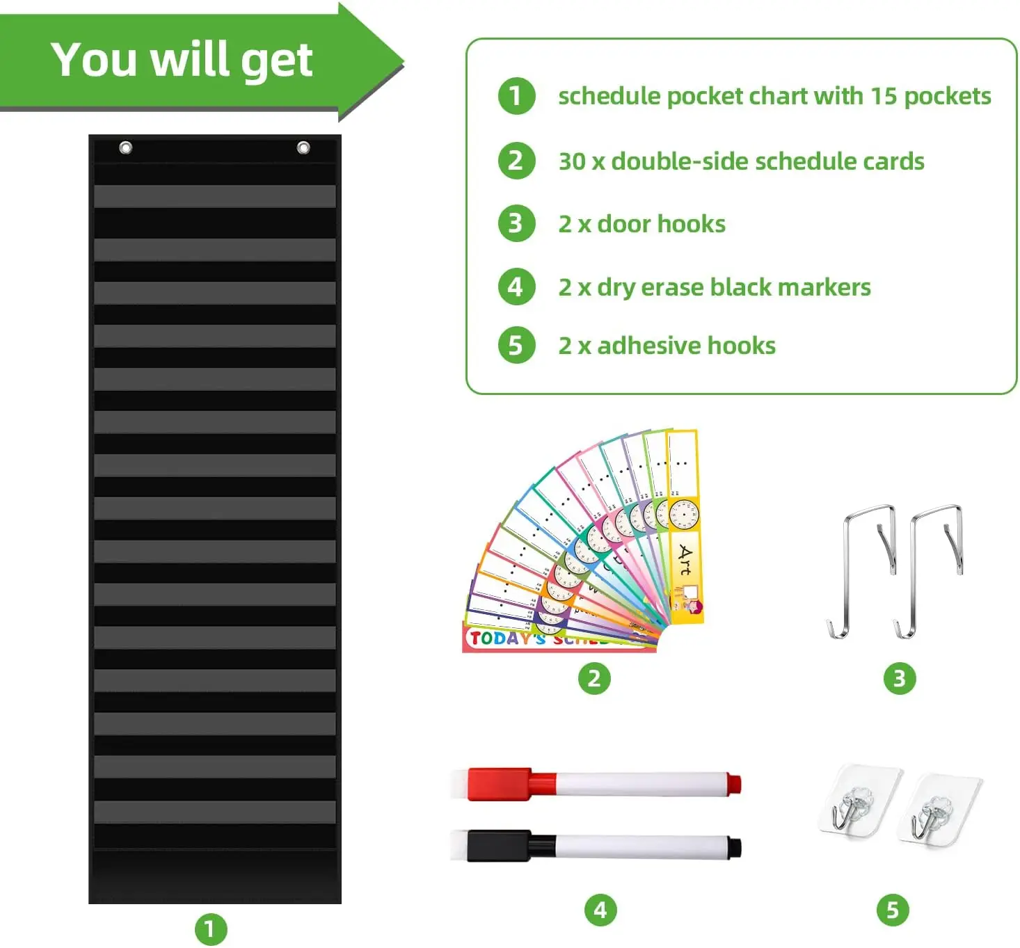 15 + 1 جيوب مخطط جيب للجدول اليومي مع 30 قطعة بطاقات قابلة لإعادة الاستخدام على الوجهين، جدول مخطط الجيب لمكتب الفصول الدراسية