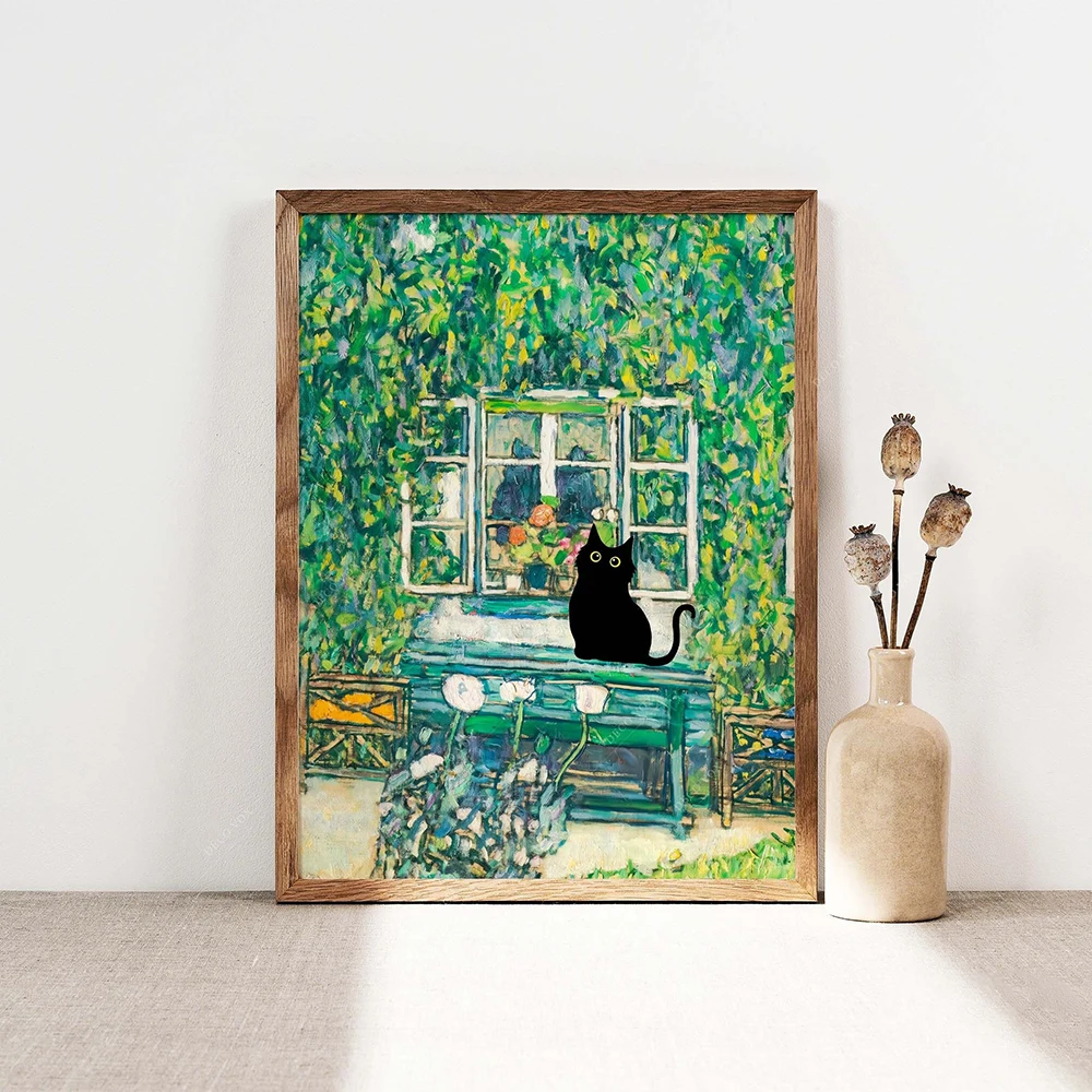 

Gustav Klimt Forester's House Cat Poster Black Cat Print Floral Funny Cat Abstract Gift Wall Decor Pictures Cat in the Garden