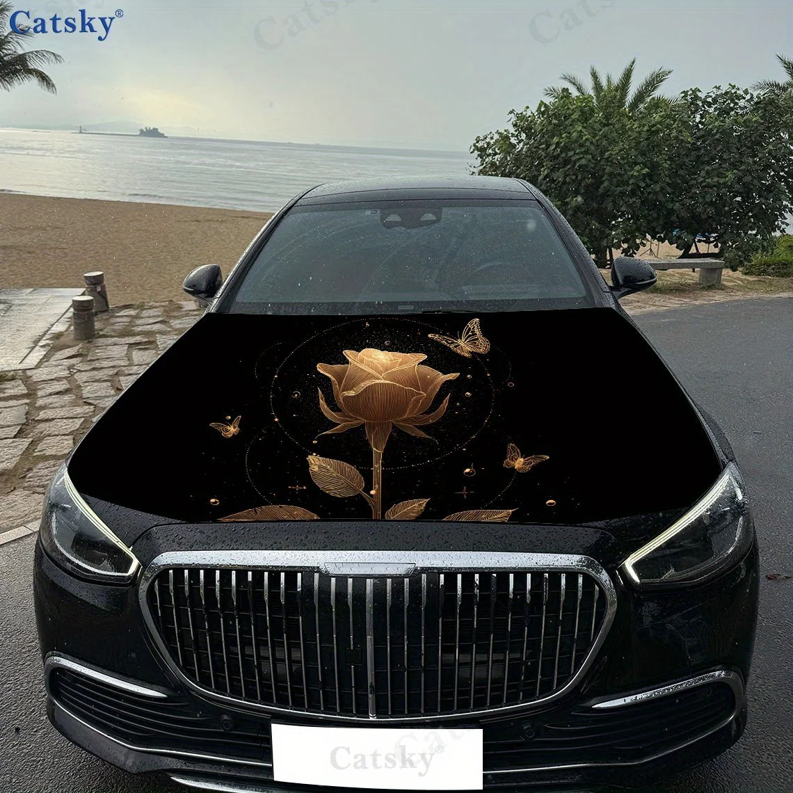 طباعة الورد الذهبي، ملصقات غطاء محرك السيارة، ملصق غطاء السيارة ذاتي اللصق PVC المقاوم للماء، ملصقات حماية تزيين غطاء السيارة، أوتوماتيكي A #5