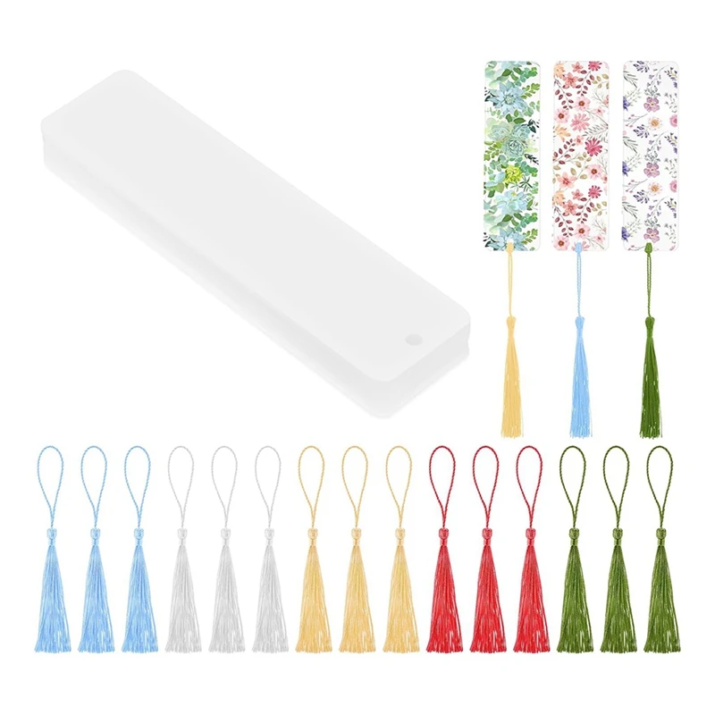 15 Pieces Blank Clear Acrylic Bookmarks With Hanging String, Clear Acrylic Bookmarks With Hanging String Durable Easy Install