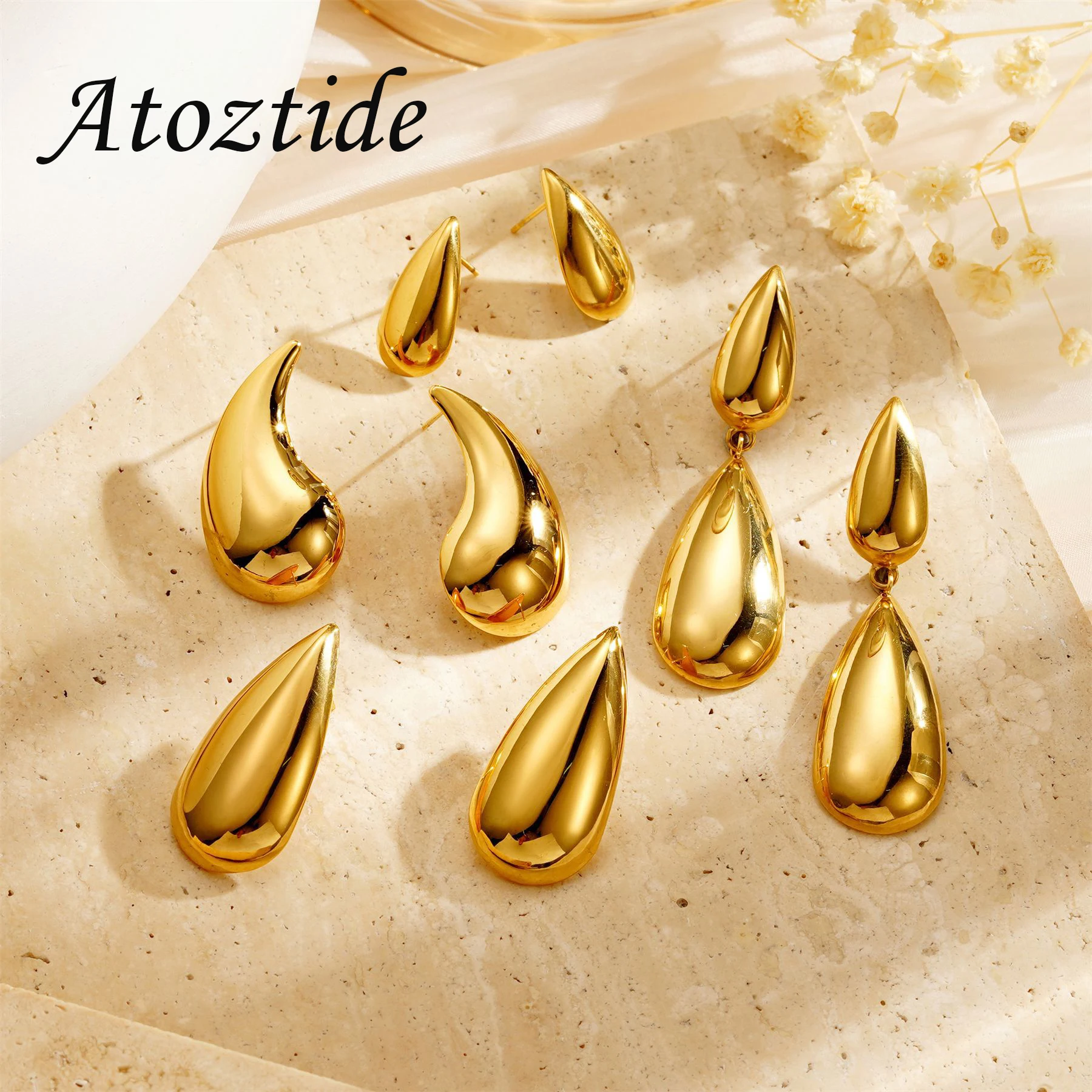 Atoztide-Brincos Waterdrop Simples Cor Dourada para Mulheres, Aço Inoxidável, Metal Vintage, Pingente de Lição, Brinco, Presente Jóias