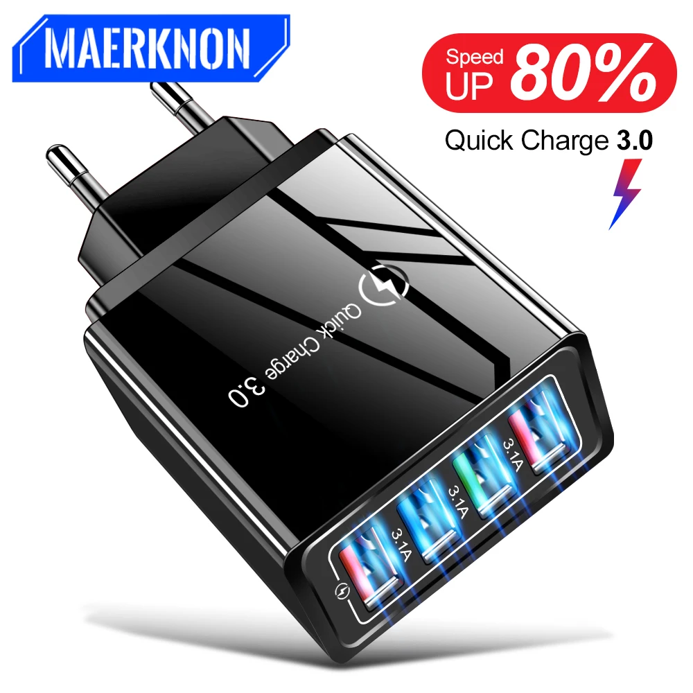 4 USB Charger Quick Charge QC3.0 Mobile Phone Adapter For iPhone 14 13 Pro Samgsung Xiaomi 12 Portable Fast Charge Wall Charger