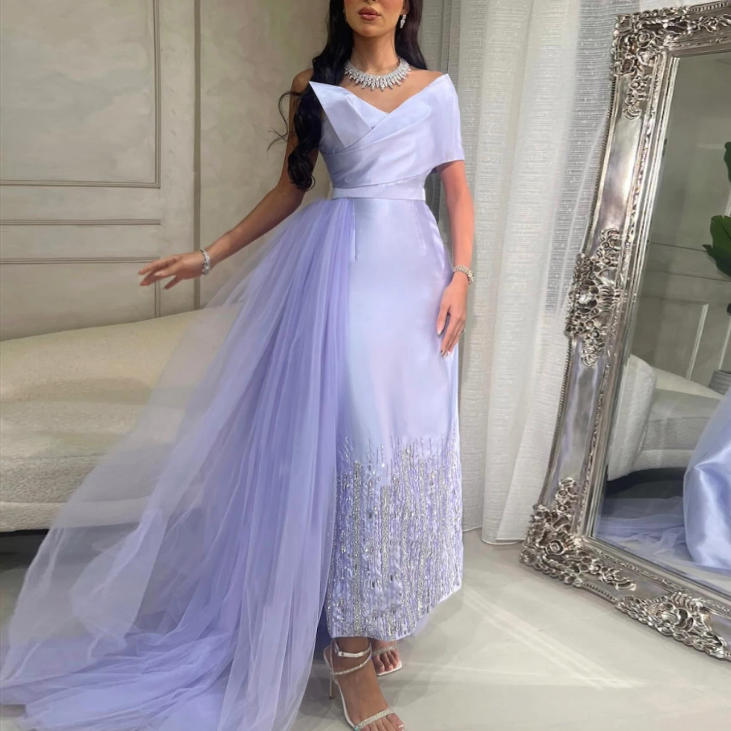 

Sharon Said Luxury Dubai One Lilac Shoulder Evening Dress with Overskirt Women Sage Green Wedding Party Gowns SS405 Customized