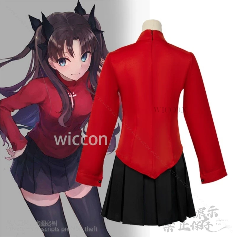 Juego de Anime Fate Stay Night, disfraz de Tohsaka Rin, camisa roja, falda, vestido, peluca de cola de caballo doble de Lolita para Halloween y Navidad