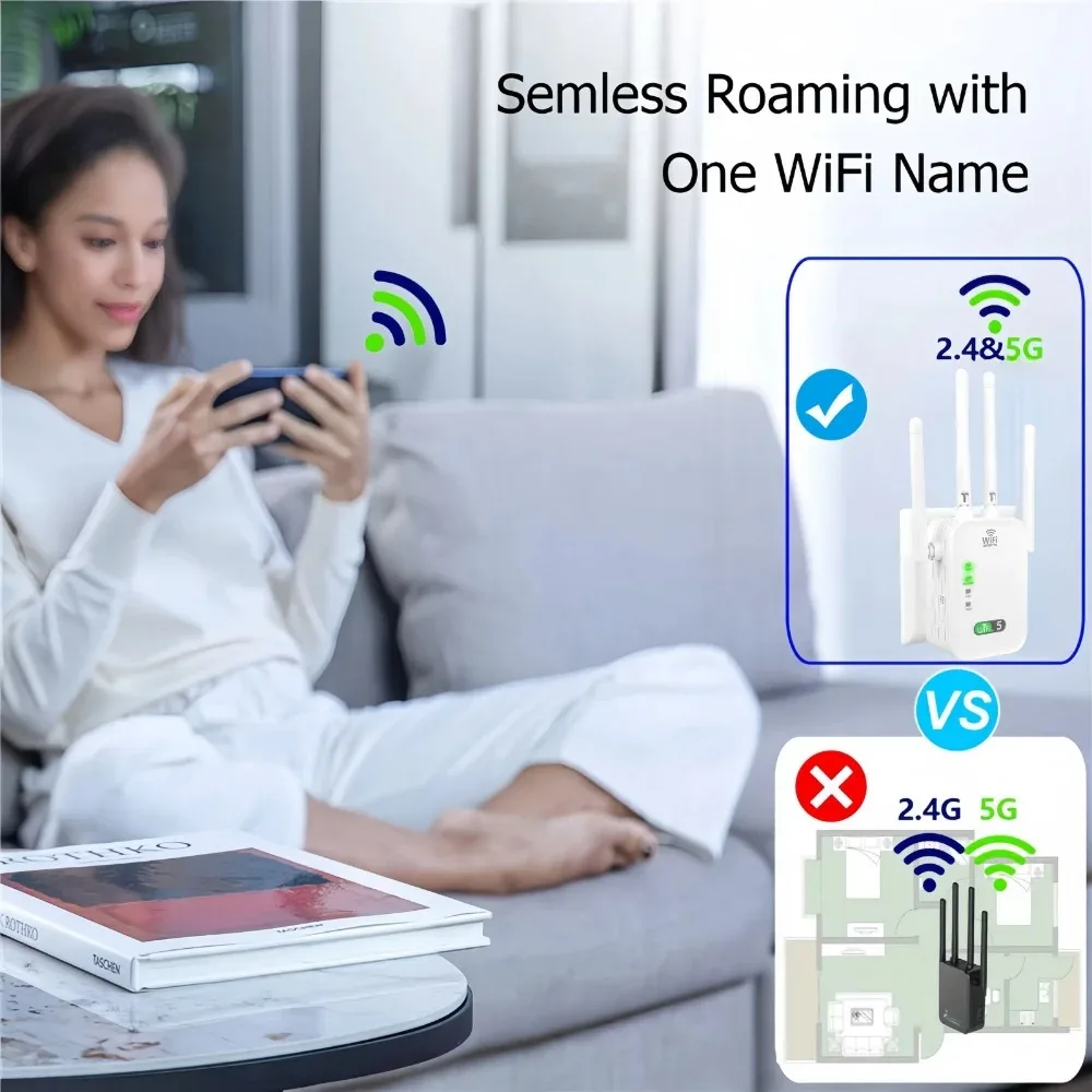 1200Mbps WiFi Extender Repeater 4 Antenna Dual-Band 2.4G 5G Signal Amplifier WPS Router for Home to Bedroom Wireless Wifi