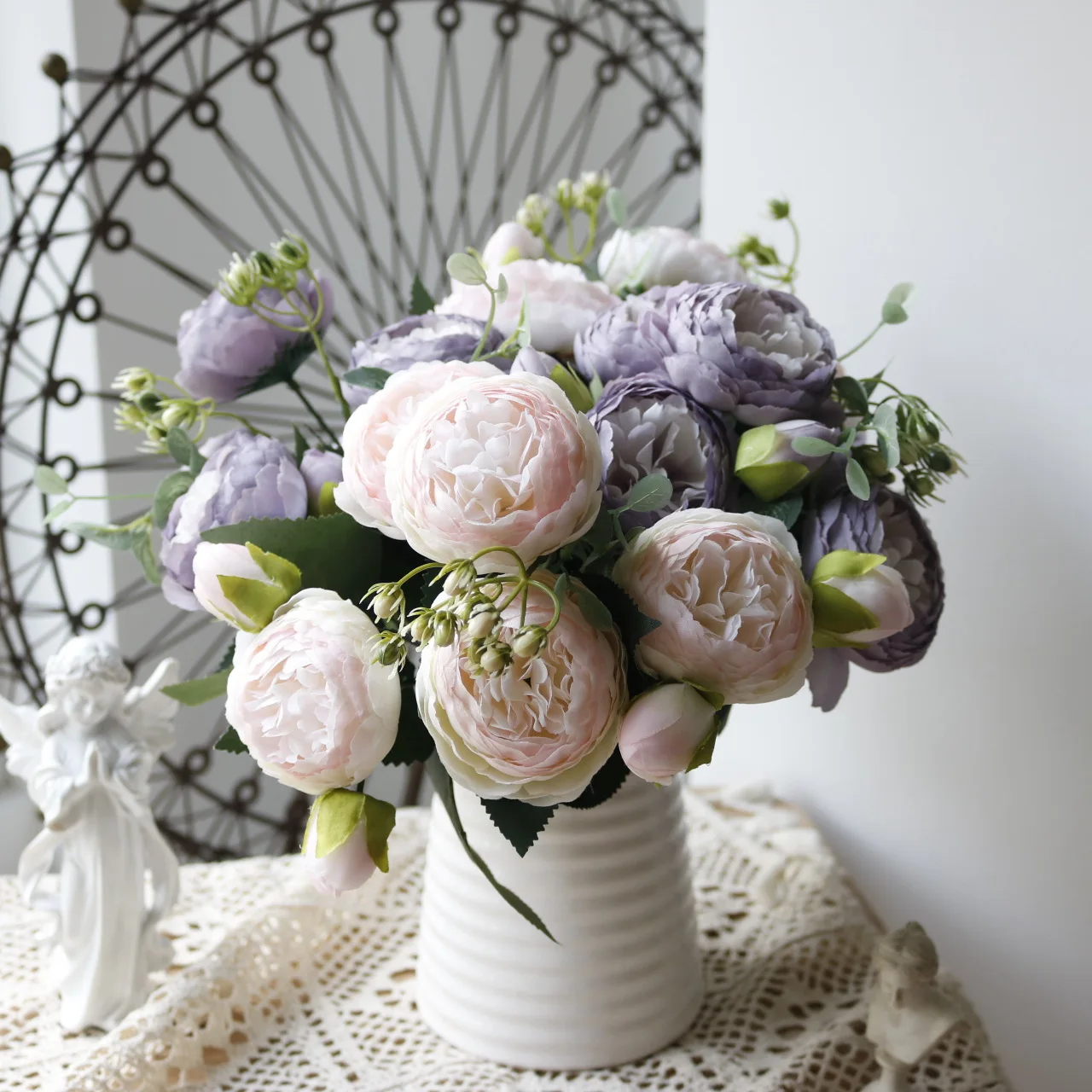 

30cm Rose Pink Silk Bouquet 5 Big Heads 4Peony Artificial Flowers Small Bud Bride Party Fake Flowers for Home Wedding Decoration