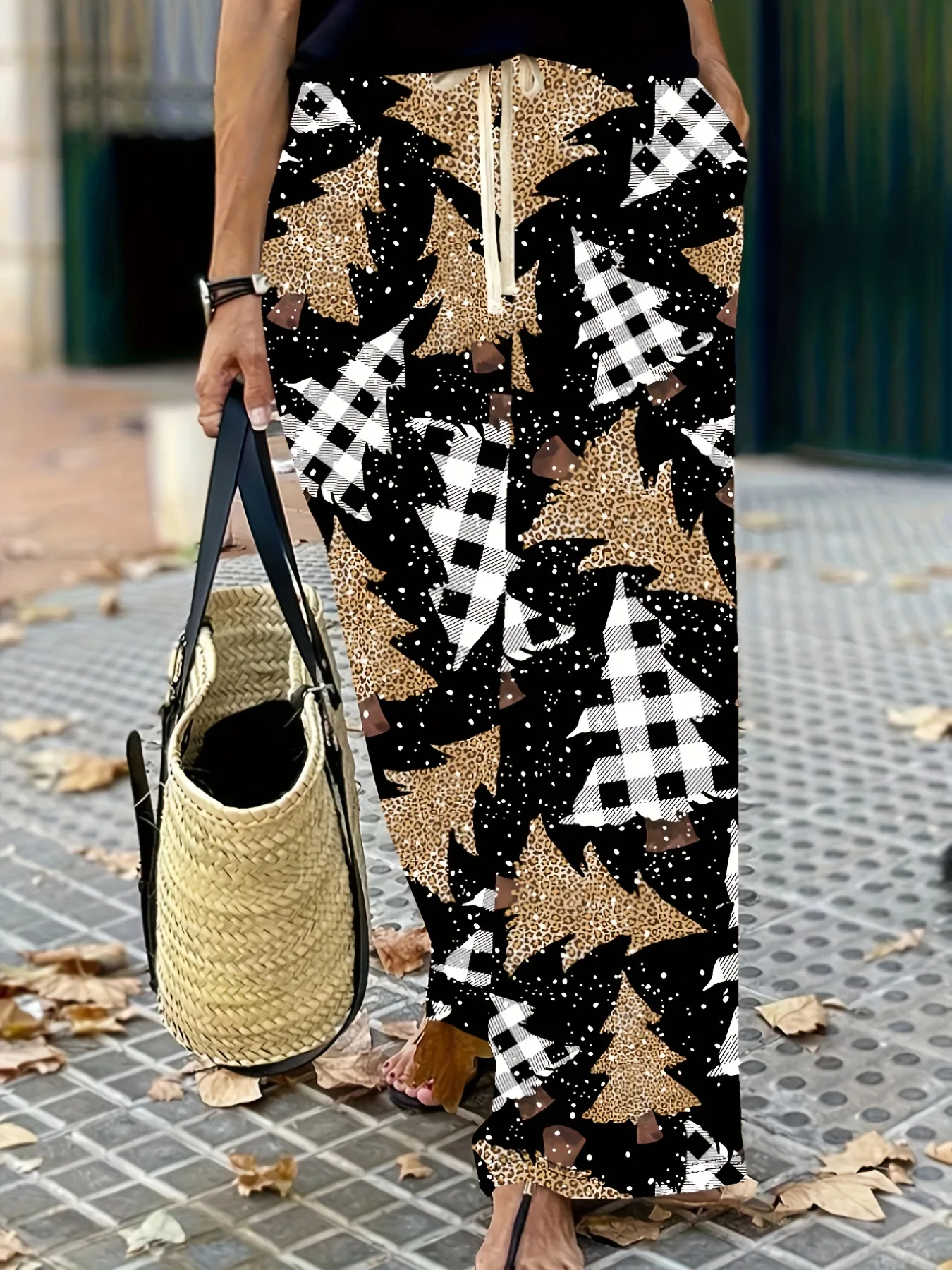 2025, Damenmode, Bestseller, Herbst, neue Hose mit Leopardenmuster, weites Bein und Kordelzug, hohe Taille, lässige lange Hose