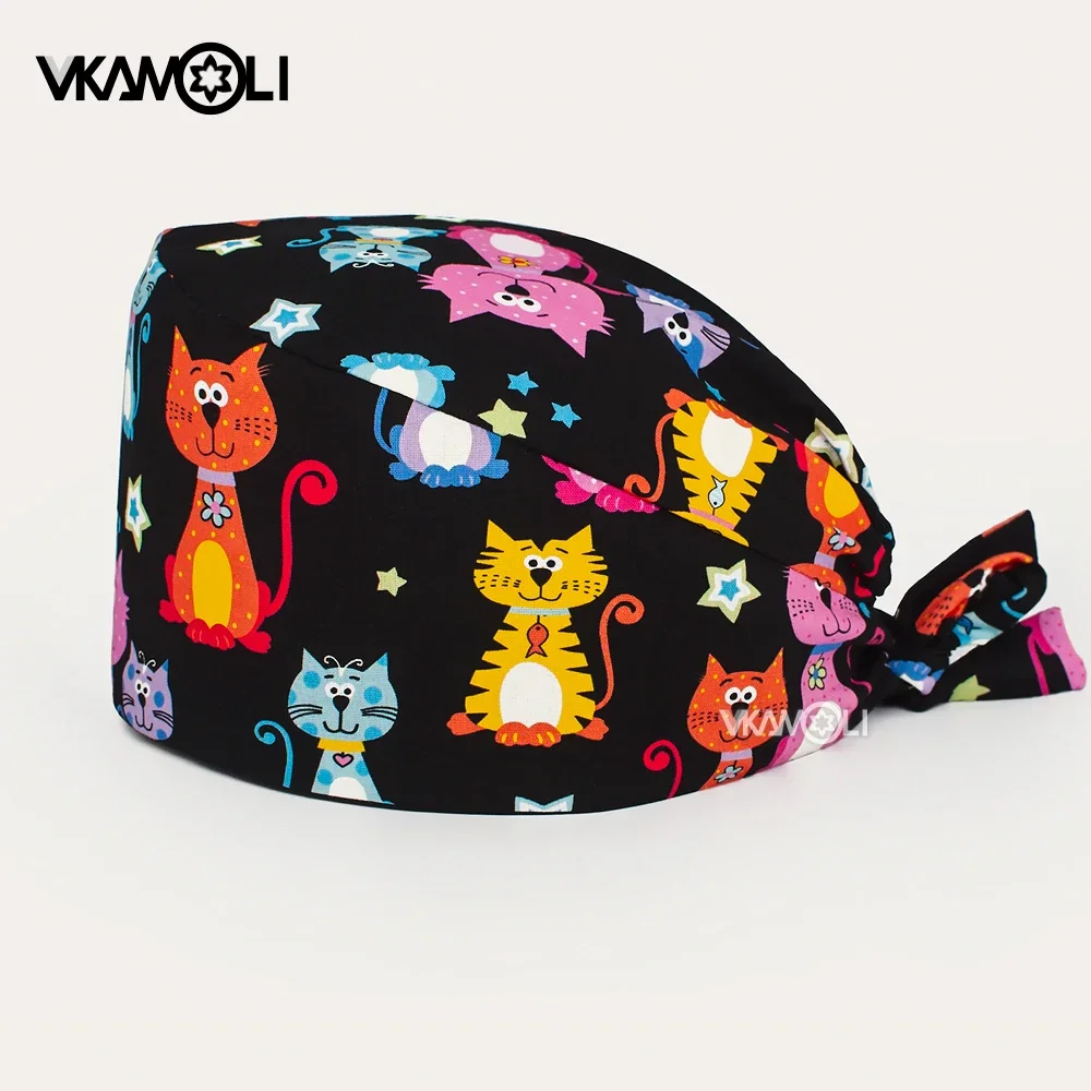 cute Cats dogs and pandas print scrubs Caps Unisex Breathable pet grooming nursing Health service work hats operating room hats