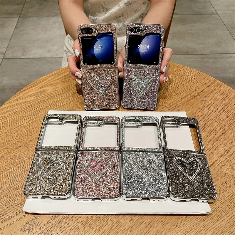 

For Samsung Galaxy Z Flip 6 5 4 3 5G Phone Case fashion Unique Crystal Diamond Heart Glitter Blingbling Shock Protective Cover