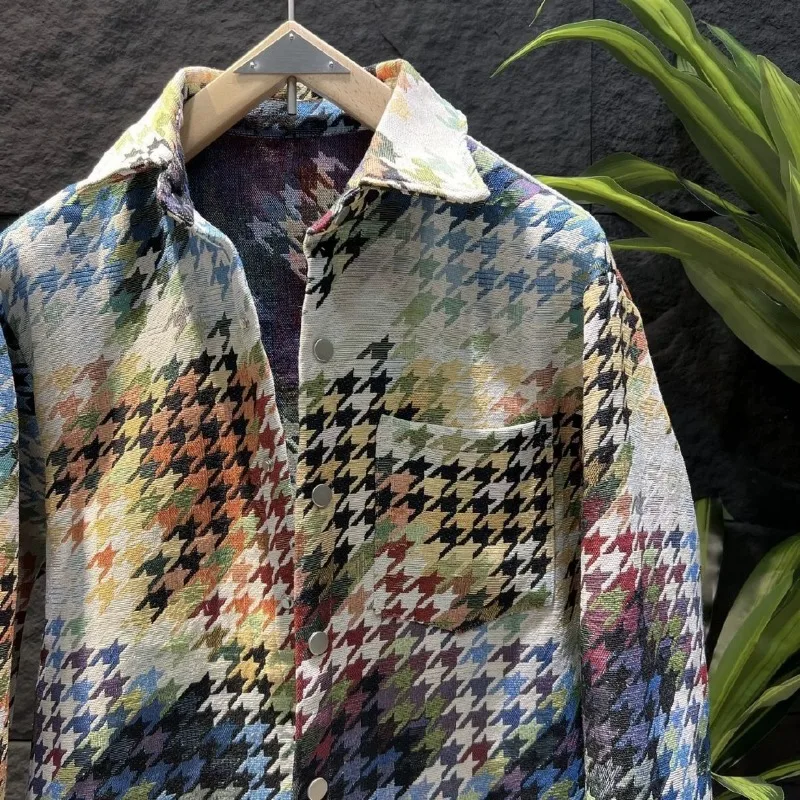 

Autumn Men's Multicolor Houndstooth Shirt Jacquard Oversized Long Sleeve Casual Top