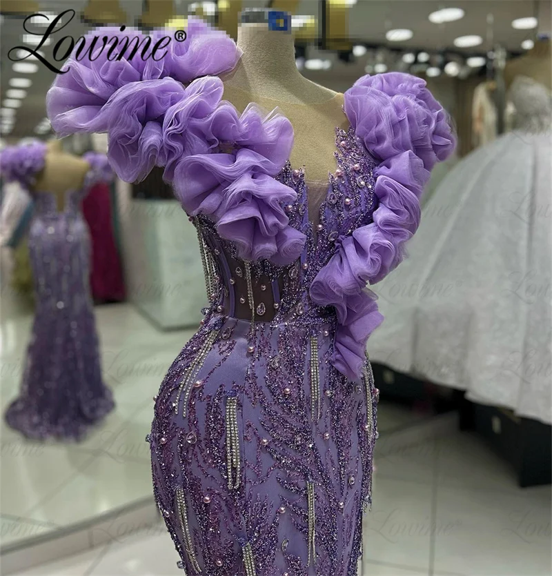 Aso Ebi Árabe Roxo Sereia Prom Dress, Brilhantes Lantejoulas De Cristal Vestidos De Noite, Babados Personalizados, Vestidos De Festa De Noivado, 2023