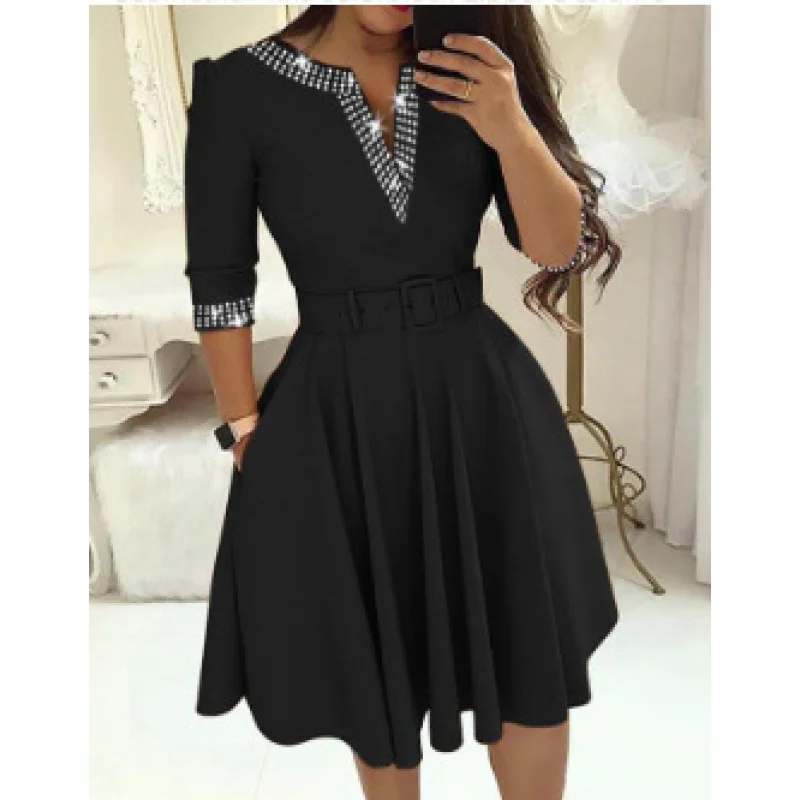 2023European and American Autumn and Winter Elegant Waist-Tight Rhinestone Medium Long Sleeve Solid Color Wide HemVCollar Dress