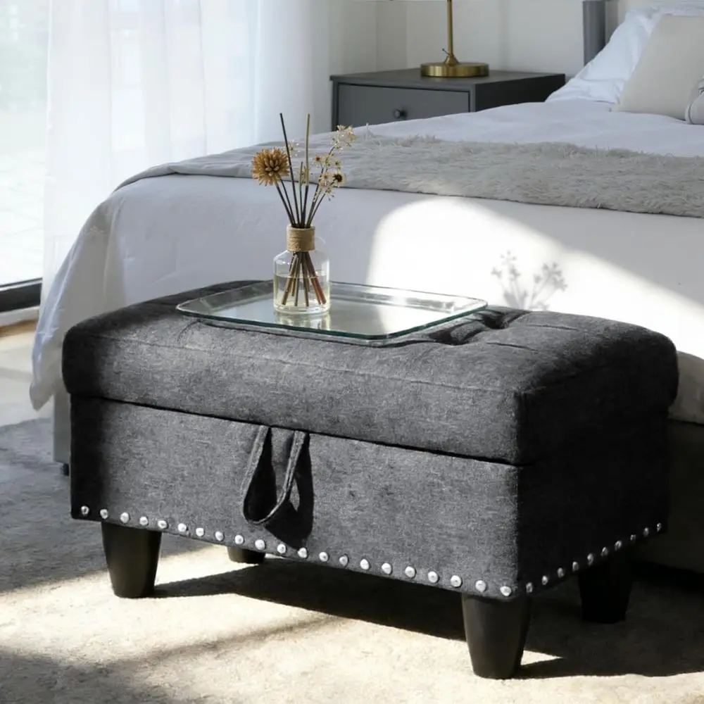 

Льняной пуф-оттоманка с отсеком для хранения, мягкая скамья, тумба для хранения у изножья кровати, маленький пуф-табурет, журнальный столик с подушками для гостиной, спальни
