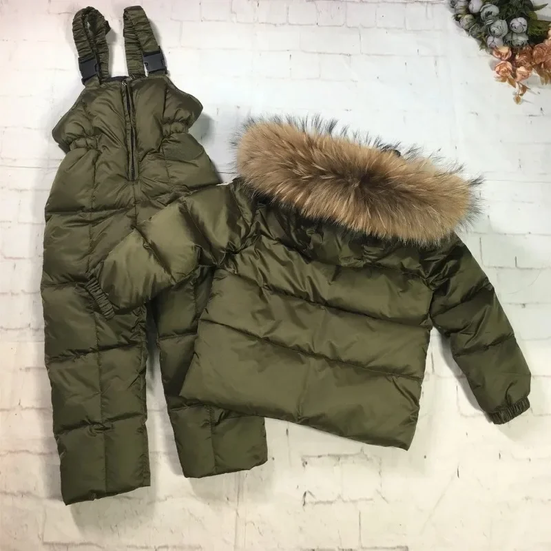 2024 Windproof Children Down Parkas  Army Green Goose Down Jacket Winter Boys Thick Warm Coat and Overalls 2 Pcs Clothes Set