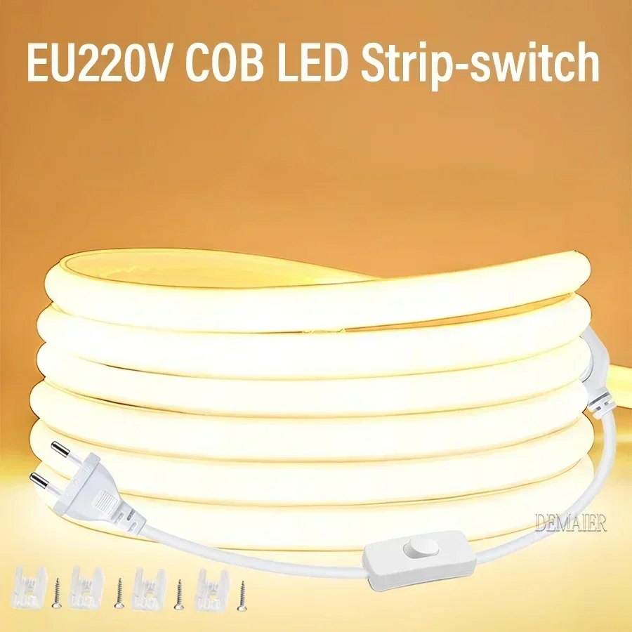 COB LED Strip Licht 110 V 220 V Super Heldere 360 LEDs/m waterdicht Met EU/US Voeding schakelaar Flexibele Buitenlamp 1 M-100 M