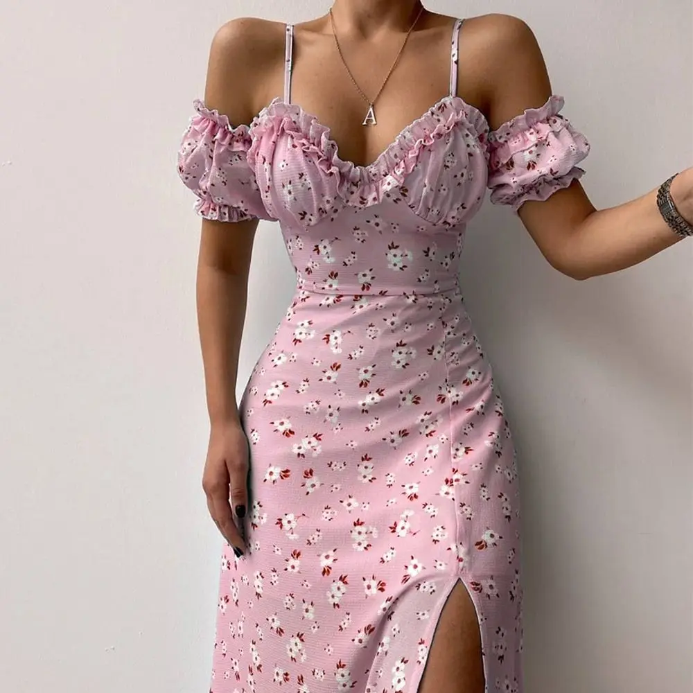 

Dress High Quality Off Shoulder Frilly Suspender V-Neck Split Mid-Length Dress Party Ladies Short Sleeve Floarl Women’S Summer