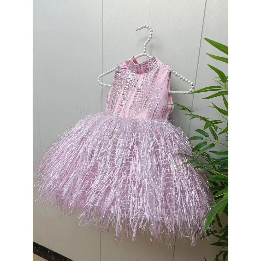 

Elegant Pink Flower Girls Dresses with Feather 2024 Summer Sleeveless Christmas Dresses for Princess New فستان عيد الميلاد