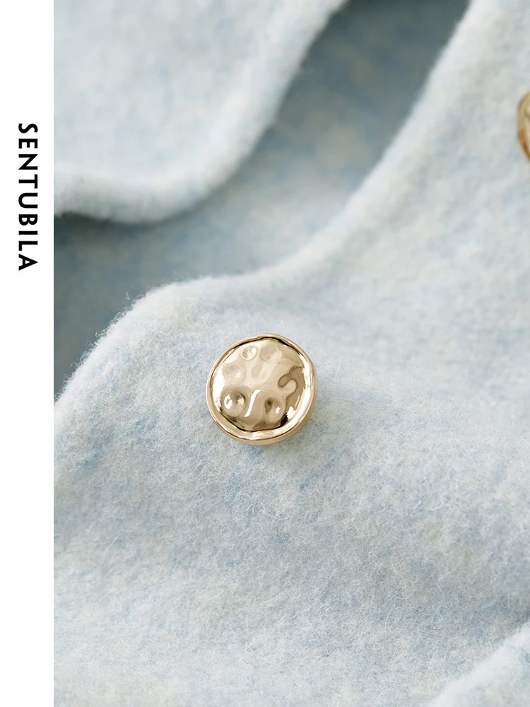 SENTUBILA Blue Coats for Elegant Women 2025 Winter Crew Neck Metal Single Breasted Wool Cropped Jackets Office Lady W44O56000