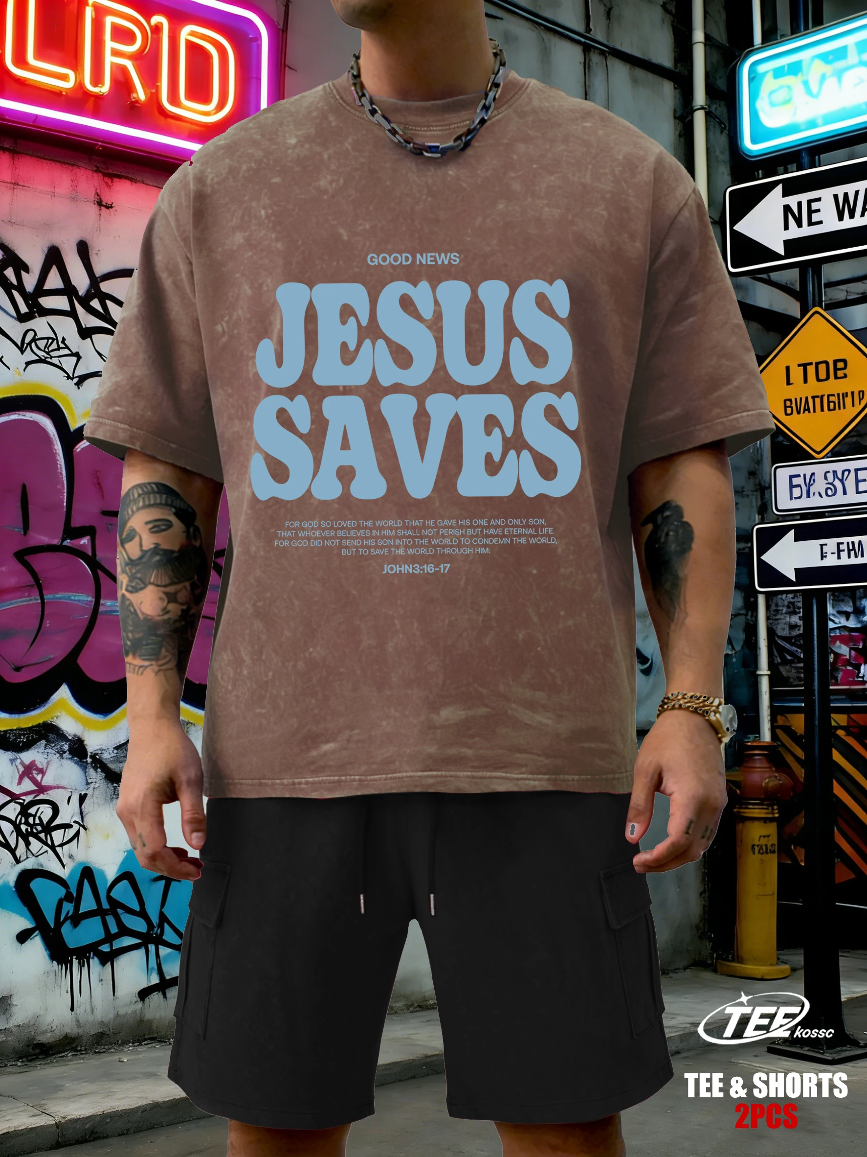 

Мужской комплект: футболка с принтом «Хорошие новости: Иисус спасает» и шорты. Модный летний комплект из мягкого хлопка с круглым вырезом, свободный унисекс-топ.