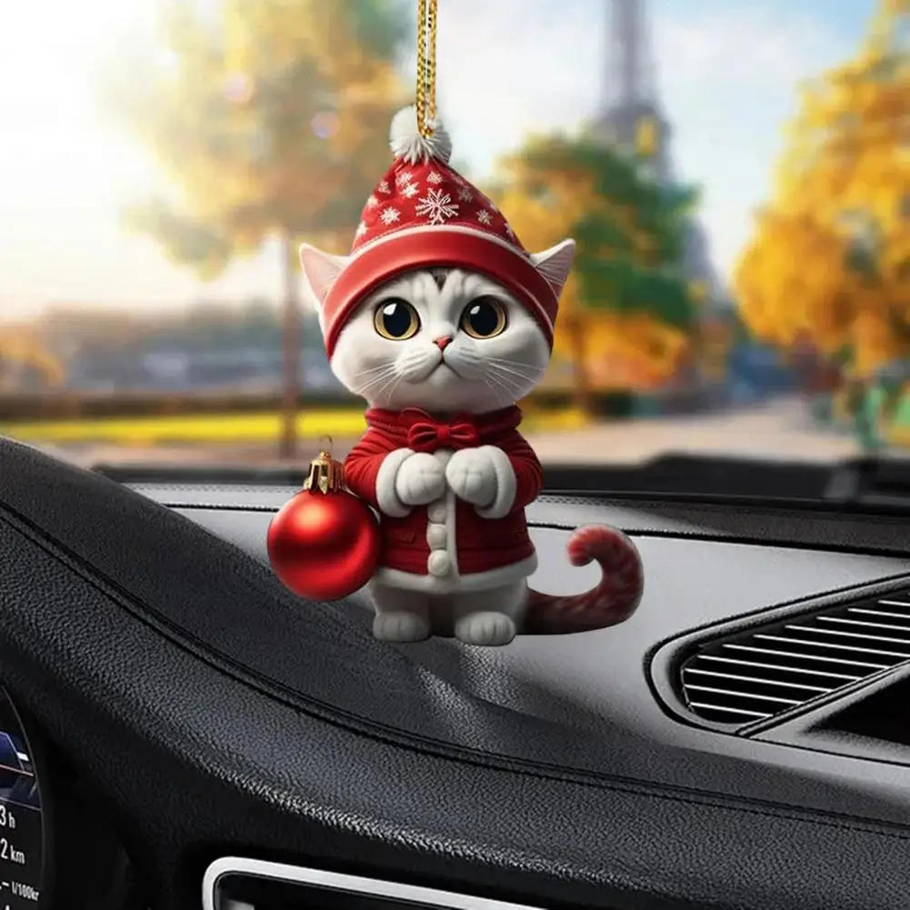 Acrylic Christmas Cat Ornament Xmas Tree Decor Hanging Backpack Keychain Car Rearview Mirror Window Cat Ornaments Bag Key Decor