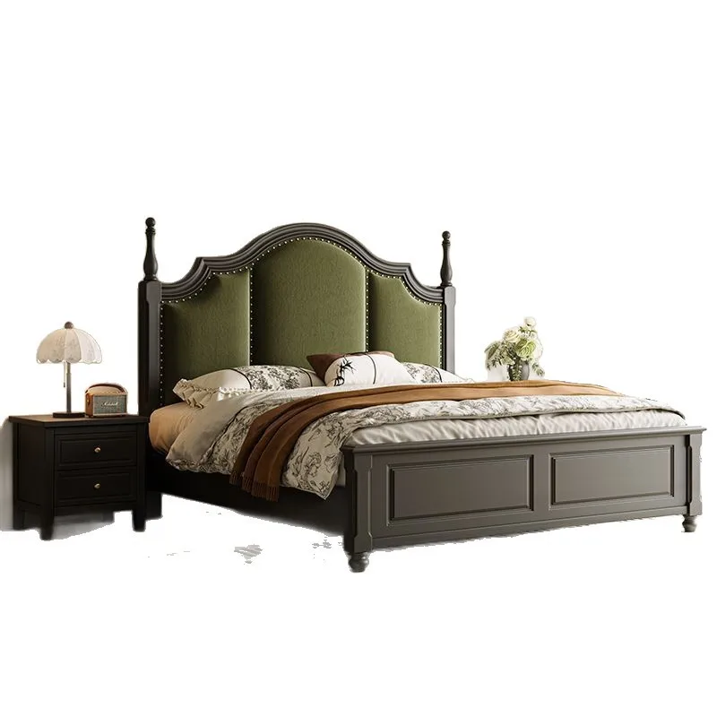 

Black American double bed Master bedroom antique French soft bag retro bed