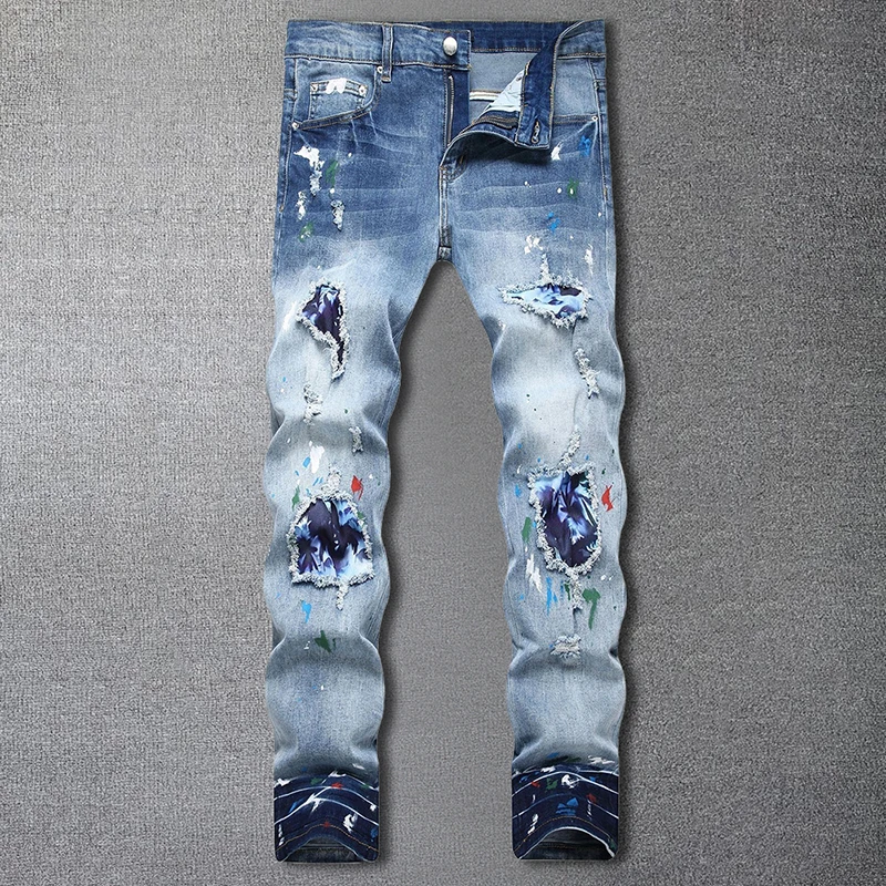 

2023 Fall Color Splash Ripped Hole Men Jeans Elastic Denim Pants Trousers Motorcycle Men Small Feet Slim Punk Rock Vintage Jeans