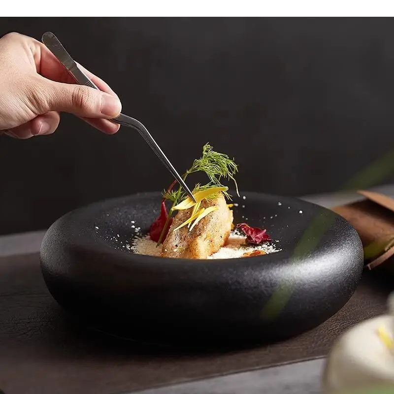 Solid Color Ceramic Double-layer Plate Restaurant Dessert Pasta Sushi Plates Molecular Cooking Tableware