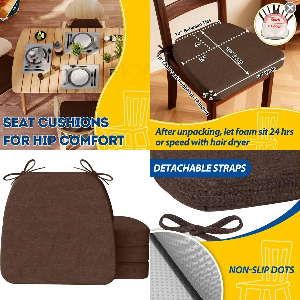 

2 Thick Brown Dining Chair Cushions with Removable, Washable Covers, Set of 4
