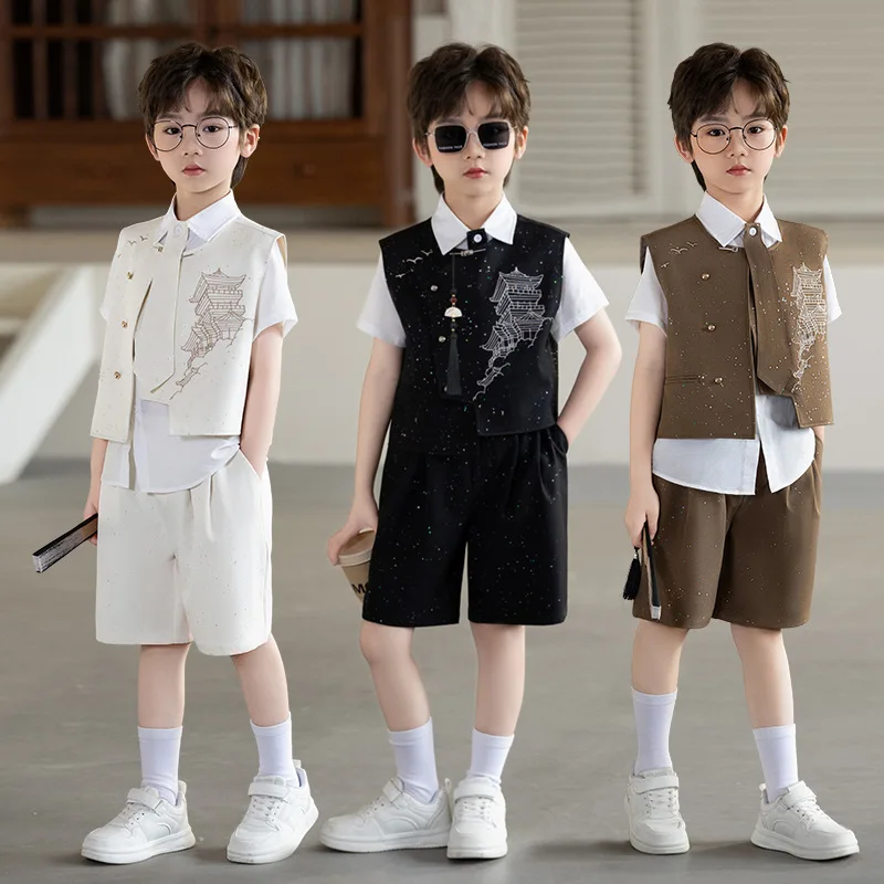 Boys' New Chinese Style Suit Spring/Summer Embroidered Traditional Vest Set Flower Boy Formal Wear Piano Performance Costume