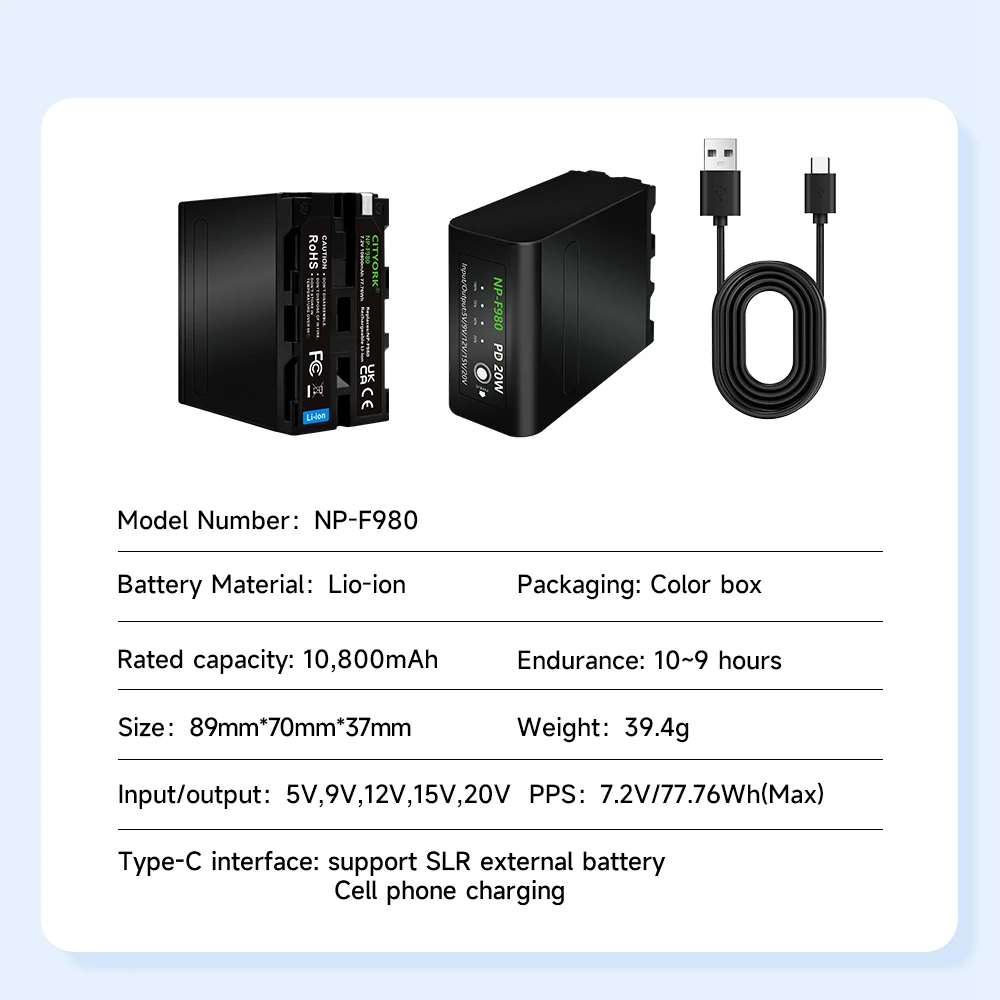 10800mAh NP-F980 NP F990 NP F980 F970 F960 Battery for Sony F960 F570 F750 F770 MC1500C PLM-100 CCD-TRV35 MVC-FD91 + USB Cable