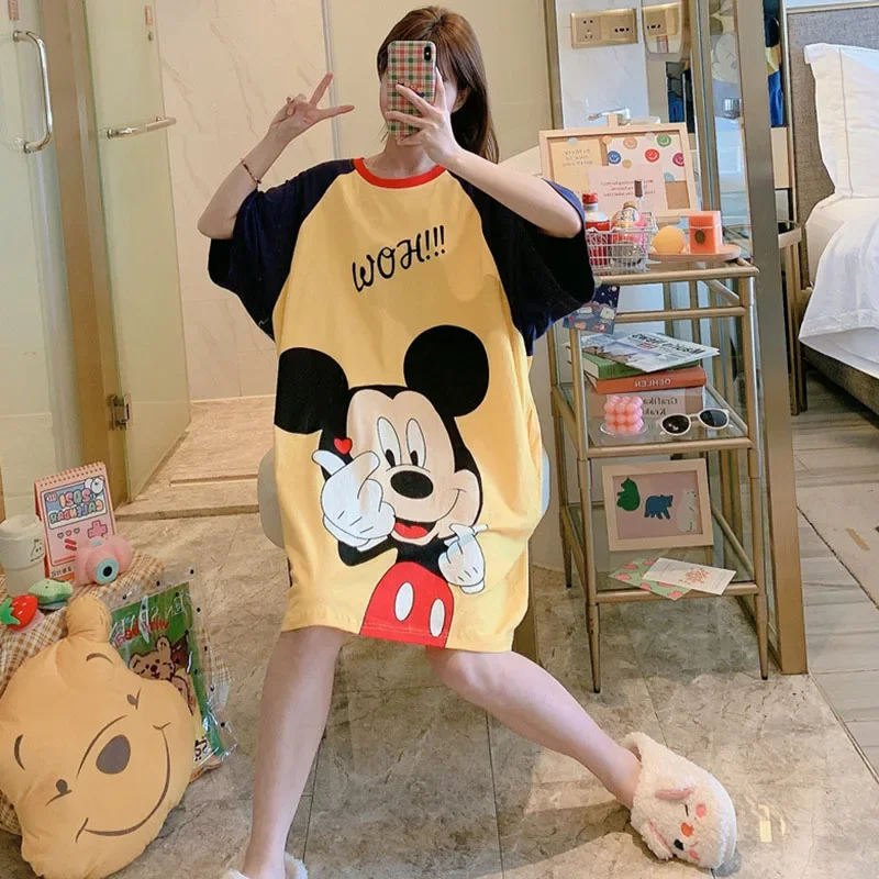 Cartoon Mickey Duck Fashion Print Summer Short Sleeve Nightdress Pajamas Women\'s Summer Long Skirt Loose Home Wear Pajamas