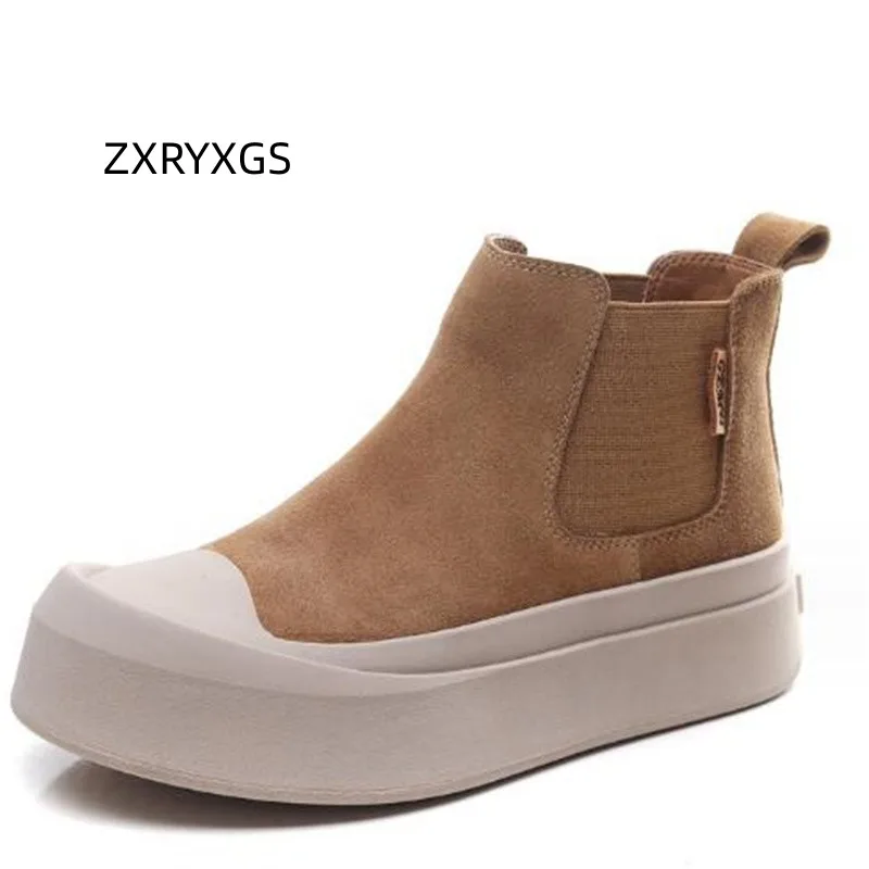 

ZXRYXGS 2023 Frosted Cowhide Superior 100% Genuine Leather Sneakers Chelsea Boots Flat Platform Shoes Trend Sneakers Women Shoes