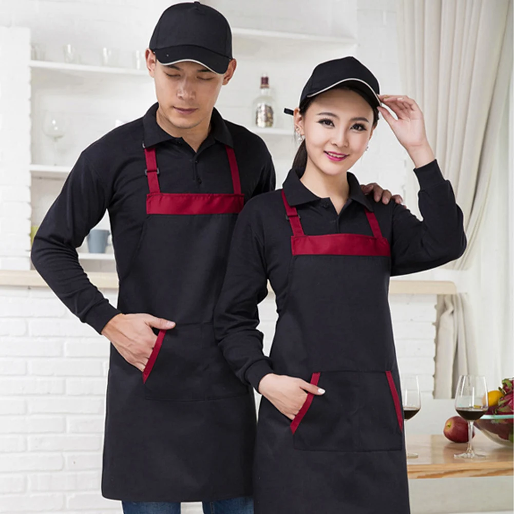 Halter Drawing Apron with Tow Pockets Unisex Hairdressing Salon Apron Adjustable Bib Polyester Waterproof Restaurant Uniform