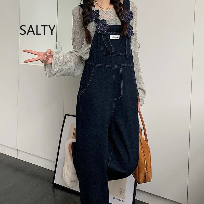 

2025 Denim Jumpsuits Women Fashion New Applique Flower Korean Loose Straight Wide Leg Overalls Woman