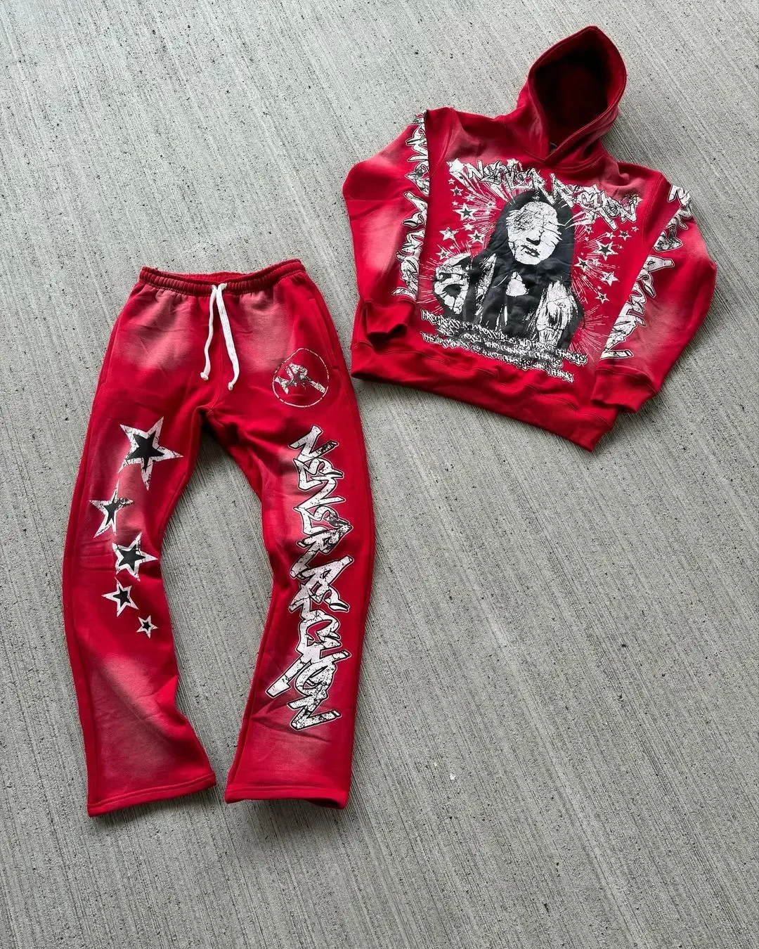 Koyu baskı kazak Suit Goth iki parçalı Sweatpants seti kadın tişörtü rahat gevşek takım Hoodie Harajuku yüksek sokak Y2k