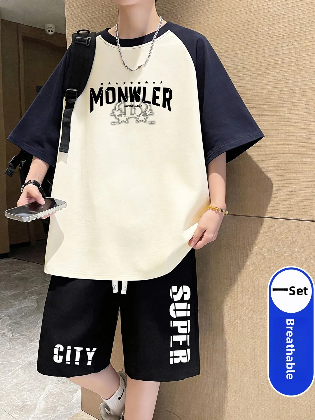 

Летний комплект из футболки и шорт из чистого хлопка для мужчин: повседневный свободный спортивный костюм из двух предметов, тренд для подростков